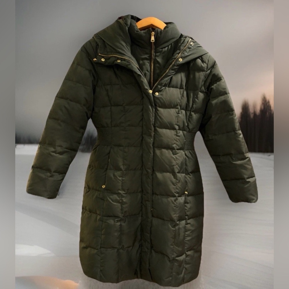 Cole Haan Dark Olive Quilted Long Puffer Coat
